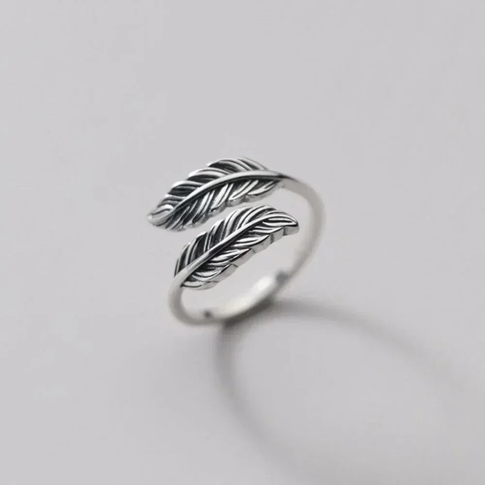 925 Sterling Silver Minimalist Feather Wrap Ring Leaf Adjustable Geometric Ring